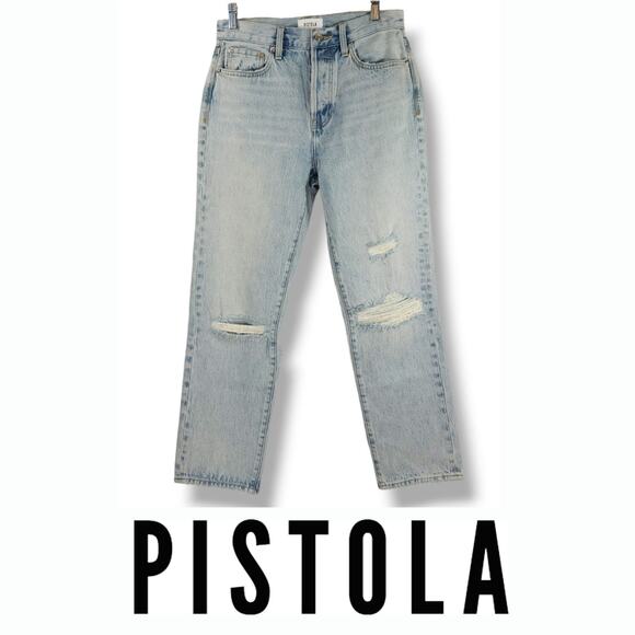 NWOT Pistola Charlie Distressed Button Fly Straight Leg Jeans Sz. 26x27 Blue - Picture 1 of 12